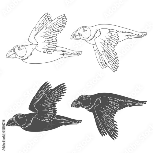 Set of black and white illustrations with flying puffin bird. Isolated vector objects on a white background.