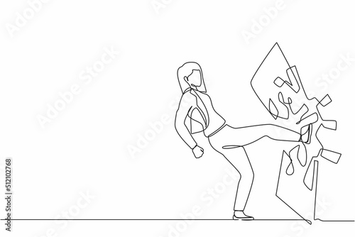 Single continuous line drawing businesswoman kicked the mirror and shattered it. Breaking impossible barrier. Business motivation, breakthrough concept. One line graphic design vector illustration