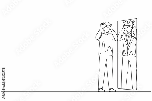 Single one line drawing narcissistic businessman looking at mirror and seeing in reflection of himself with crown on his head. Person overestimate, self confidence. Continuous line draw design vector