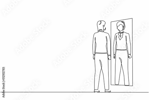Single continuous line drawing businesswoman looks herself in the mirror. Clerk or manager looking at her reflection in mirror and evaluating her attire. One line graphic design vector illustration