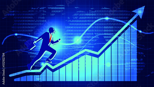 Business man running up on financial curve graph background