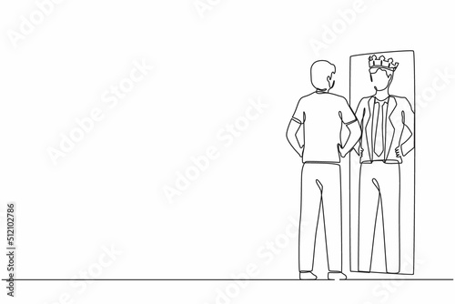 Single continuous line drawing narcissistic businessman looking at mirror and seeing in reflection of himself with crown on his head. Self confidence, motivation. One line design vector illustration