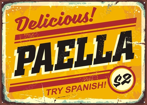 Paella delicious Spanish cuisine retro advertisement.  Commercial restaurant sign menu. Food vector illustration.