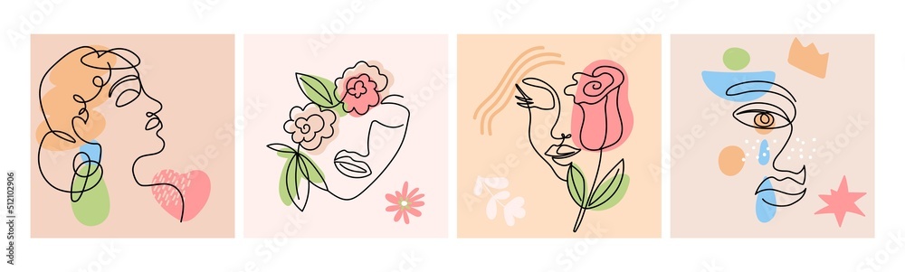 Female faces abstract decorative cards. Contemporary prints design, modern one line woman silhouette with flowers. Vector adorable decor template