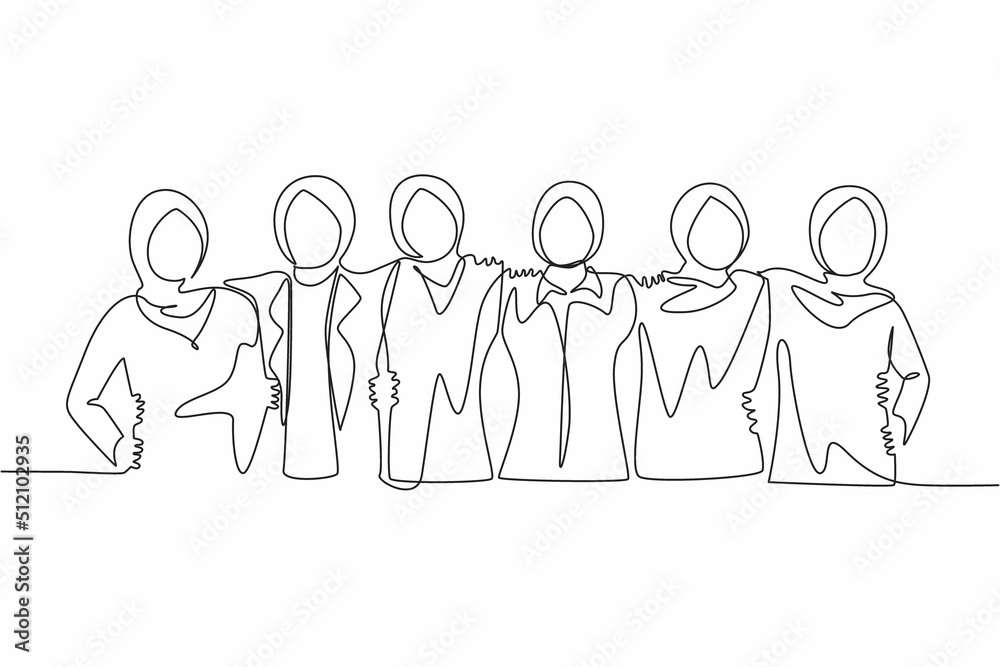 Continuous one line drawing group of Arabian women hugging. Female together. Happy friendship day with diverse friends of people hugging together to celebrate special event. Single line design vector Continuous one line drawing group of Arabian women hugging. Female together. Happy friendship day with diverse friends of people hugging together to celebrate special event. Single line design vector