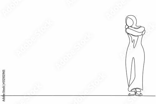 Continuous one line drawing love yourself. Arab woman hugging oneself, happy, positive, smiling. Beautiful woman hugging oneself happy. Self love and self care. Single line draw design vector graphic