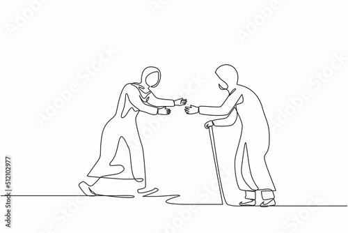 Continuous one line drawing happy Arabian woman running to meet grandmother. Vacation at grandparents home. Mother, senior female, retired, summertime, holiday. Single line design vector illustration