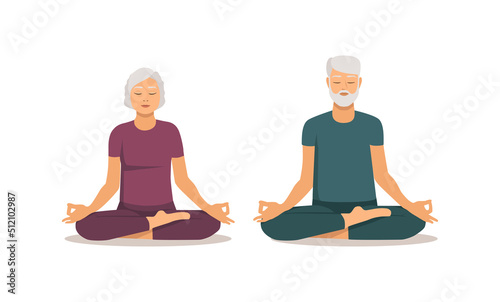Isolated elderly woman and man sitting in lotus pose on white background. Grandparents doing yoga. Healthy and active lifestyle of elderly people. Stock vector illustration in flat style.