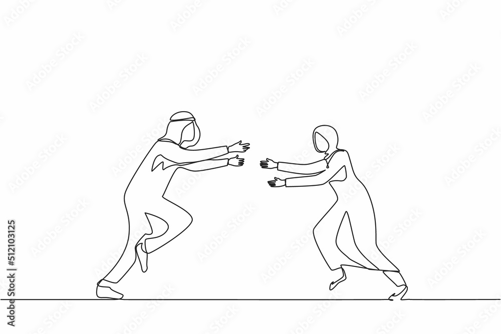 Single continuous line drawing happy Arab man and woman run to meet each other. Female want to embrace male friend. Happy couple. Meeting of friends, love concept. One line draw graphic design vector Single continuous line drawing happy Arab man and woman run to meet each other. Female want to embrace male friend. Happy couple. Meeting of friends, love concept. One line draw graphic design vector