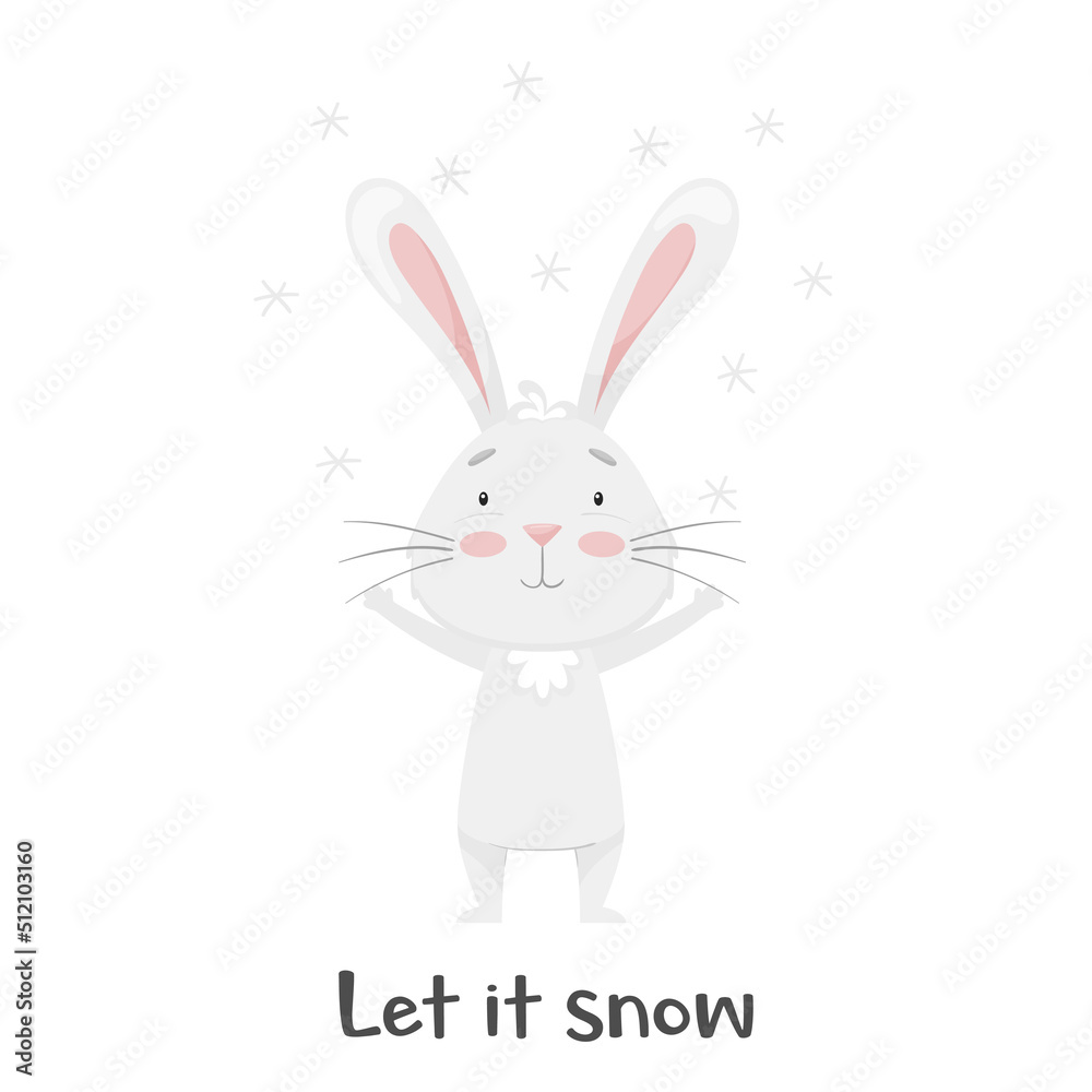 Cute smiling rabbit, enjoying of the flying snowflakes. Let it snow. Winter fun. Adorable animal, character in pastel colors. For cards, clothes, t shirt print. Vector illustration isolated on white
