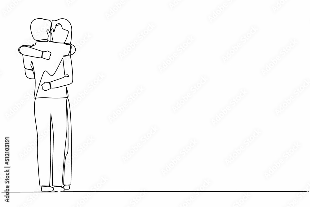 Single one line drawing excited wife embracing beloved husband at home on return from business trip. Happy young couple cuddling celebrating anniversary. Continuous line design vector illustration Single one line drawing excited wife embracing beloved husband at home on return from business trip. Happy young couple cuddling celebrating anniversary. Continuous line design vector illustration