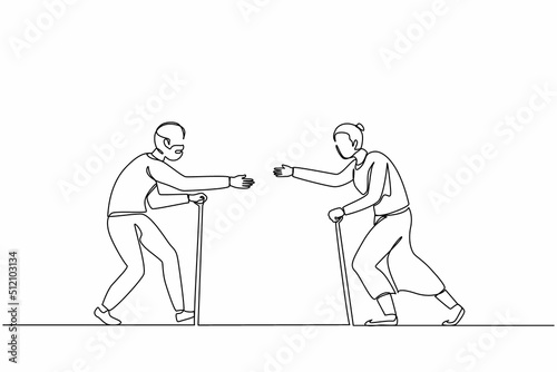 Single continuous line drawing senior woman running in hug to man. Elderly people run towards each other. Happy grandfather and grandmother meeting after long time. One line design vector illustration