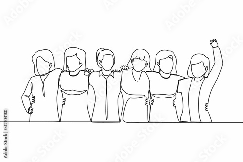 Continuous one line drawing group of women are hugging. Female together. Happy friendship day with diverse friends of people hugging together to celebrate special event. Single line draw design vector