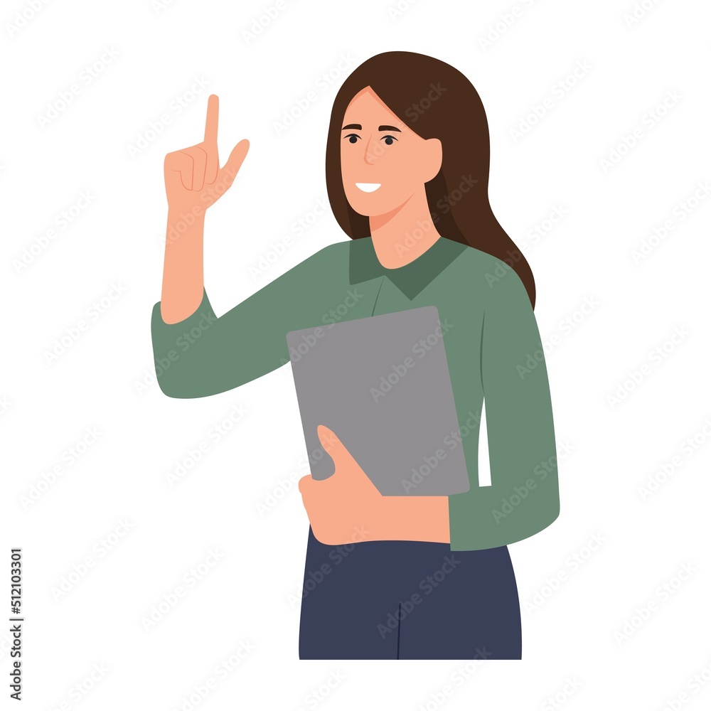 Office woman worker with index finger. Concept of presentation, announcement, showing. Businesswoman gesture mentor teacher. Flat vector illustration character. Office woman worker with index finger. Concept of presentation, announcement, showing. Businesswoman gesture mentor teacher. Flat vector illustration character.