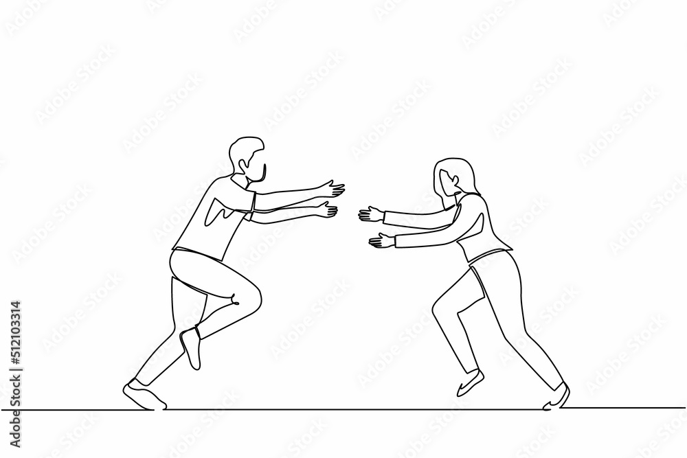 Continuous one line drawing happy man and woman run to meet each other. Female want to embrace male friend. Happy couple. Meeting of friends, love concept. Single line draw design vector illustration