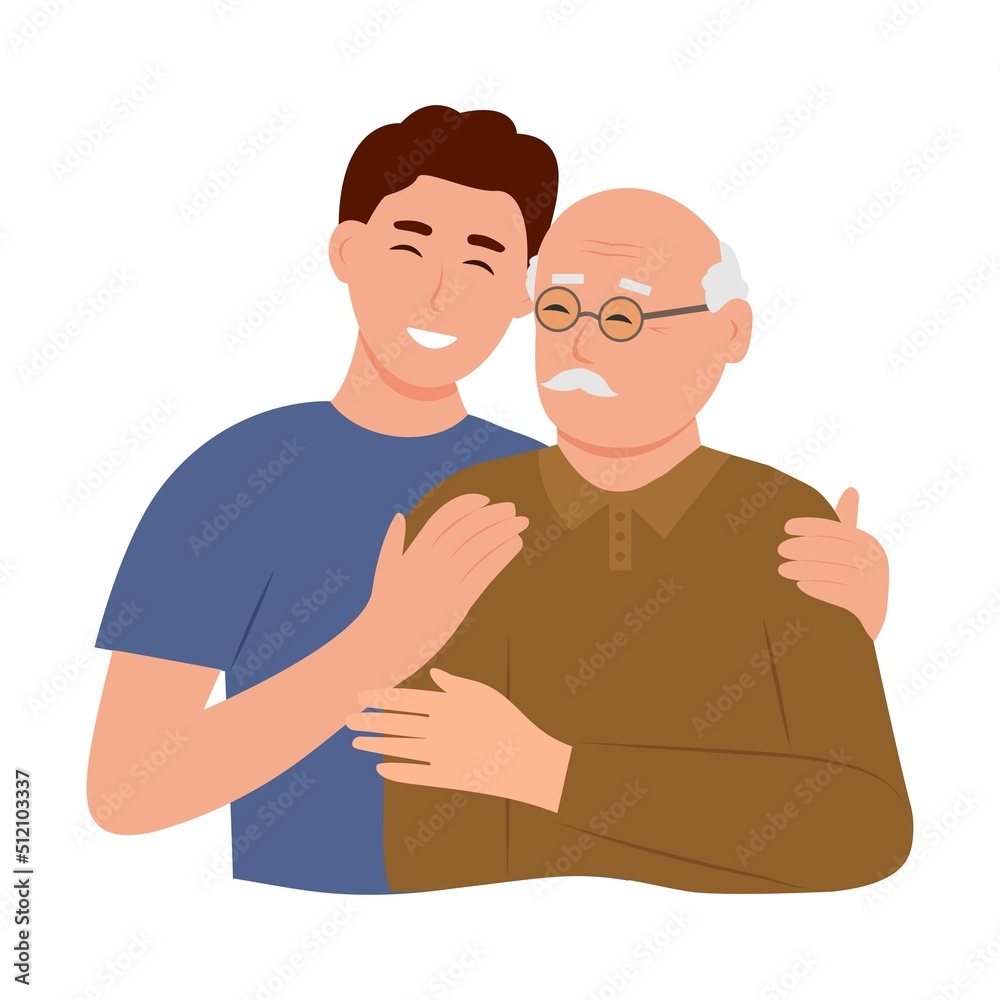 Happy Young man hugging her old father with love. Father and son. Father's day .Portrait of young man hugging her grandpa. Friendly family relationship. vector flat illustration Happy Young man hugging her old father with love. Father and son. Father's day .Portrait of young man hugging her grandpa. Friendly family relationship. vector flat illustration