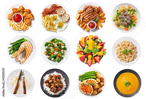 Foto set of plates of food isolated on a white background, top view
