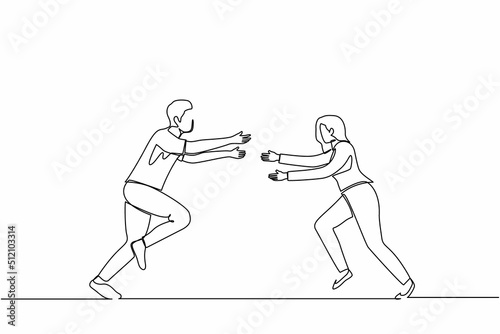 Continuous one line drawing happy man and woman run to meet each other. Female want to embrace male friend. Happy couple. Meeting of friends, love concept. Single line draw design vector illustration