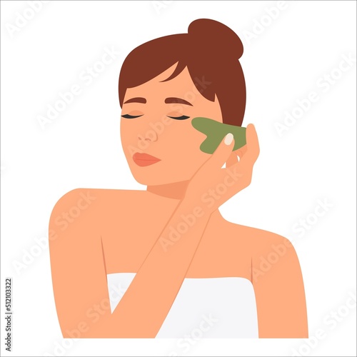  Young woman  takes care of her face. She uses jade gouache scraper for massage. Face lifting trendy beauty treatment. Concept beauty and self-care, home spa facial care Flat vector illustration.