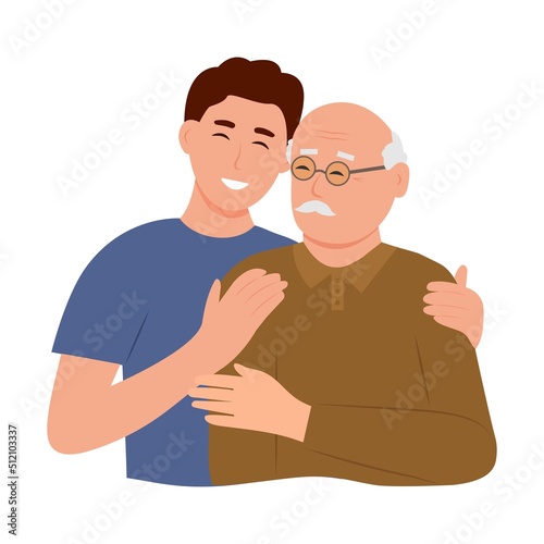 Happy Young man hugging her old father with love. Father and son. Father's day .Portrait of young man hugging her grandpa. Friendly family relationship. vector flat illustration