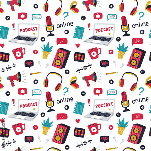 Seamless pattern with colored doodle elements for online show,podcast, radio. Hand drawn laptop, headphones, loudspeaker, female mouth, potted plant, earphones. Flat illustration on white background