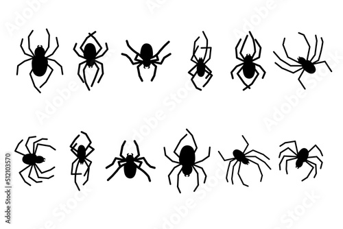 Set of black silhouette spider icon isolated on white background. Halloween scary doodle great for any purposes logo, print, decorative sticker