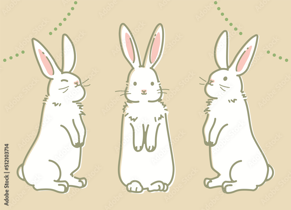 Obraz premium 後ろ足で立つかわいいウサギのイラスト(セット_レトロ風)