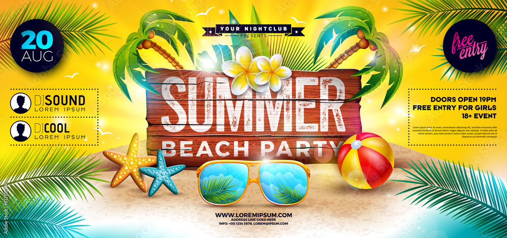 Summer Beach Party Banner Flyer Design with Sunglasses and Beach Ball on Tropical Island with Typography Lettering on Vintage Wood Board Background. Vector Summer Holiday Illustration with Exotic Palm - obrazy, fototapety, plakaty 