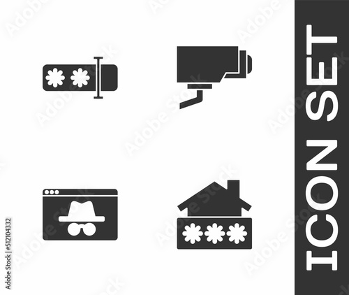 Set House with password, Password protection, Browser incognito window and Security camera icon. Vector