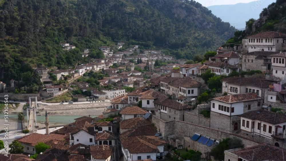 Scenic aerial view of Berat old picturesque Unesco town and housing constructions Scenic aerial view of Berat old picturesque Unesco town and housing constructions