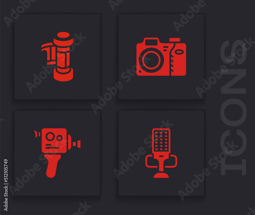 Set Microphone, Camera roll cartridge, Photo camera and Retro cinema icon. Vector