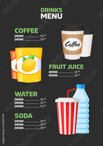 Drinks restaurant menu on black background. Set of different drinks in cartoon style. Soda  water  juice  coffee. Dark background vector menu illustration