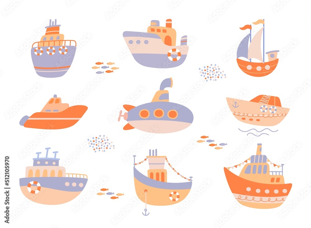 Hand drawn baby boats. Cartoon flat boat and sailor ship. Little submarine, cruise yacht and pirate sea transport. Cute boy ocean nowaday vector elements Hand drawn baby boats. Cartoon flat boat and sailor ship. Little submarine, cruise yacht and pirate sea transport. Cute boy ocean nowaday vector elements