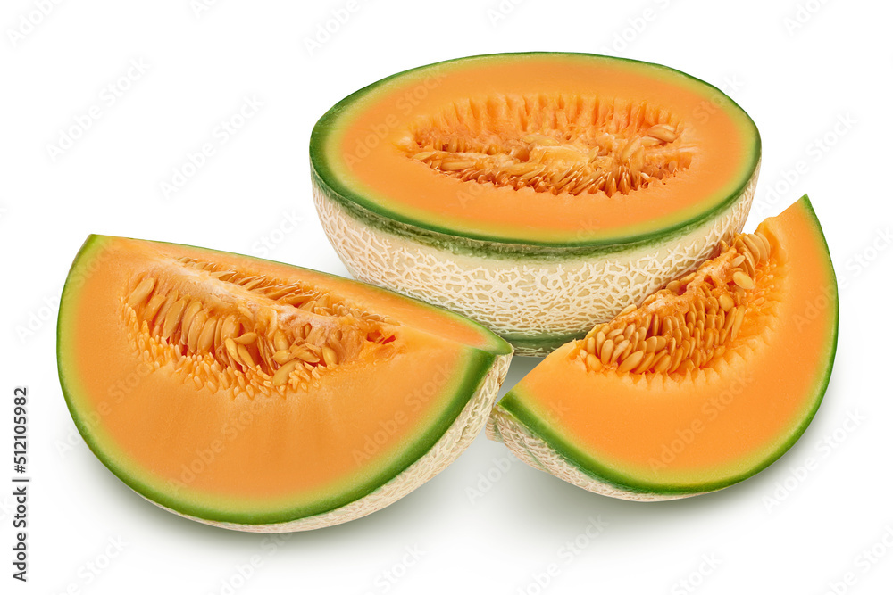 Cantaloupe melon isolated on white background with full depth of field, Cantaloupe melon isolated on white background with full depth of field,