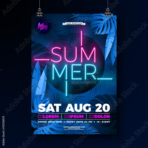 Summer Party Flyer Design Template with Glowing Neon Light Lettering on Fluorescent Tropic Leaves Background. Vector Summer Celebration Holiday Illustration for Banner, Flyer, Invitation or