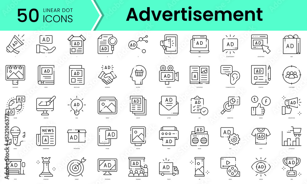 advertisement Icons bundle. Linear dot style Icons. Vector illustration