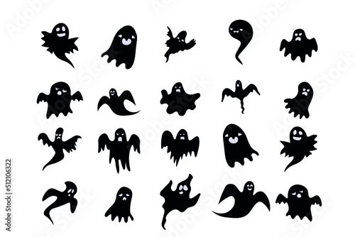 Monochrome ghost apparition spook horror set. Ghost shadow funny. ghost sheet for halloween character design. Isolated on white vector illustration.