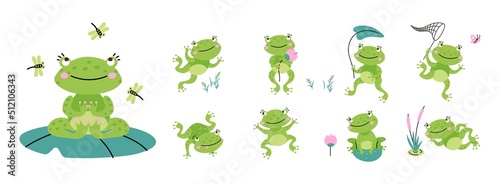 Cute green frogs. Croaking frog on nature, cartoon toad with lotus and leaves. Kids tropical amphibian, isolated jumping relaxing quirky nowaday vector animal