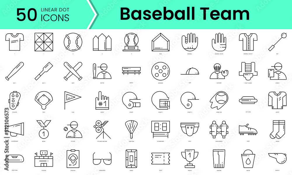 baseball team Icons bundle. Linear dot style Icons. Vector illustration