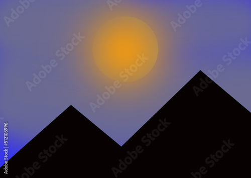 Illustration of sun with cloudy sky over pyramid mountain