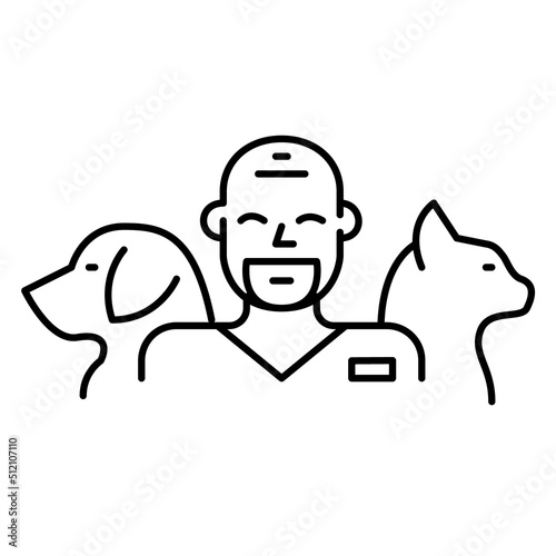 Smiling friendly veterinarian doctor with dog and cat. Pixel perfect, editable stroke line icon