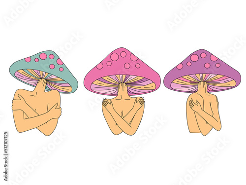 Set of magic girl with mushroom head. Psychedelic hallucination. Vibrant vector illustration. 70s hippie colorful art for t-shirt or sticker.