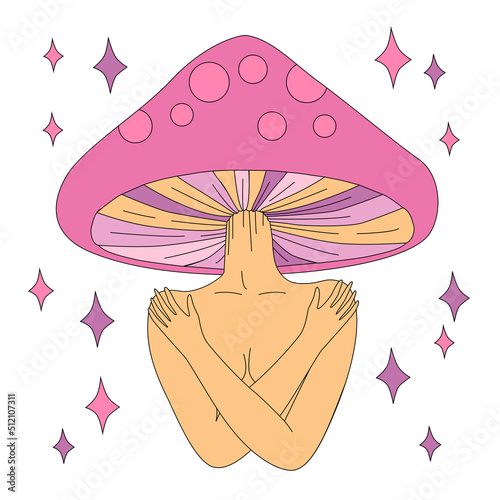 Magic girl with mushroom head. Psychedelic hallucination. Vibrant vector illustration. 70s hippie colorful art for t-shirt or sticker.