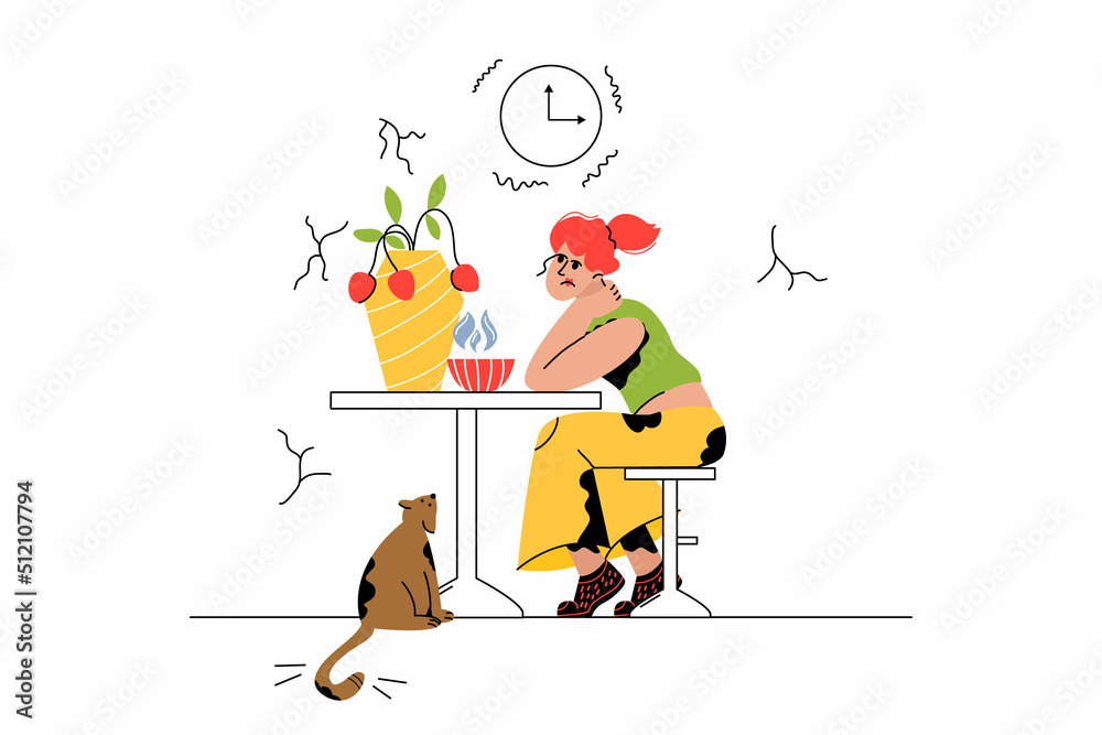 Obraz premium The girl is sitting at the table. Bored look, upset woman, thoughtful. A cat looks at a woman, a pet