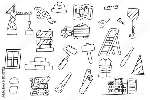 A set of building elements drawn with a contour. Black outline, icon, building materials