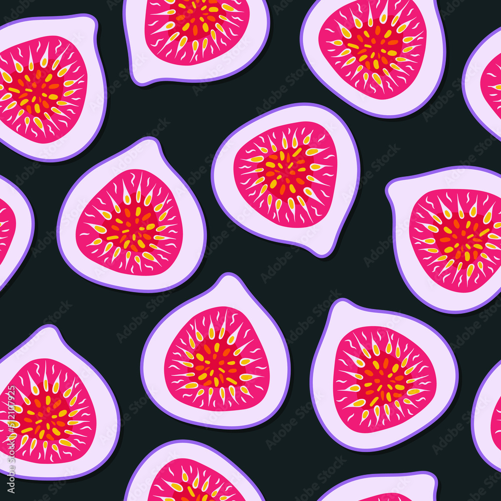 Seamless fig pattern. Exotic fruit ornament for fabric, wrapping paper, food package, menu, wallpaper. Tropical summer art. Flat scandinavian hand drawn style. Isolated vector illustration Seamless fig pattern. Exotic fruit ornament for fabric, wrapping paper, food package, menu, wallpaper. Tropical summer art. Flat scandinavian hand drawn style. Isolated vector illustration