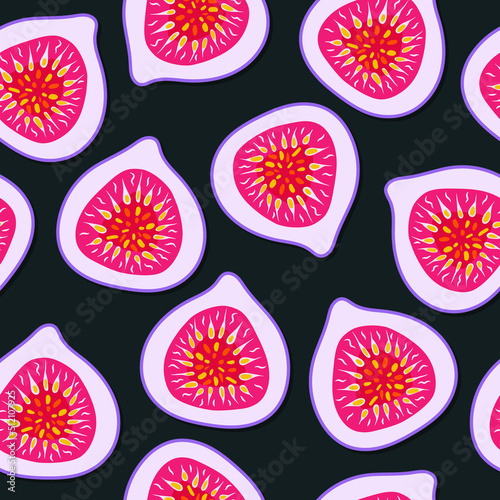 Seamless fig pattern. Exotic fruit ornament for fabric, wrapping paper, food package, menu, wallpaper. Tropical summer art. Flat scandinavian hand drawn style. Isolated vector illustration