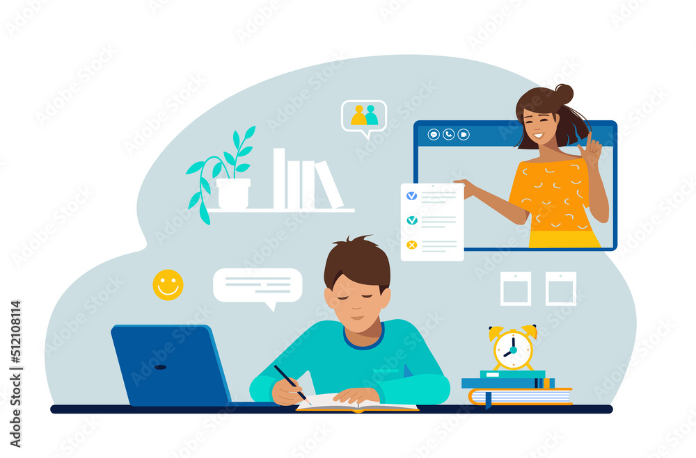 Student, pupil in learning process, Online education, home schooling. Students sit at the table and study, do homework and read a book, prepare for the exam. Student, pupil in learning process, Online education, home schooling. Students sit at the table and study, do homework and read a book, prepare for the exam.