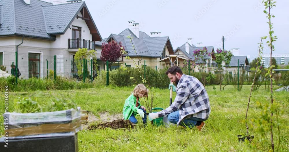 Cute little Caucasian boy digging hole in ground and helping his son in planting tree in garden. Trees plant concept. Daddy with small son in orchard. Summerhouse work. Weekend with dad. Cute little Caucasian boy digging hole in ground and helping his son in planting tree in garden. Trees plant concept. Daddy with small son in orchard. Summerhouse work. Weekend with dad.
