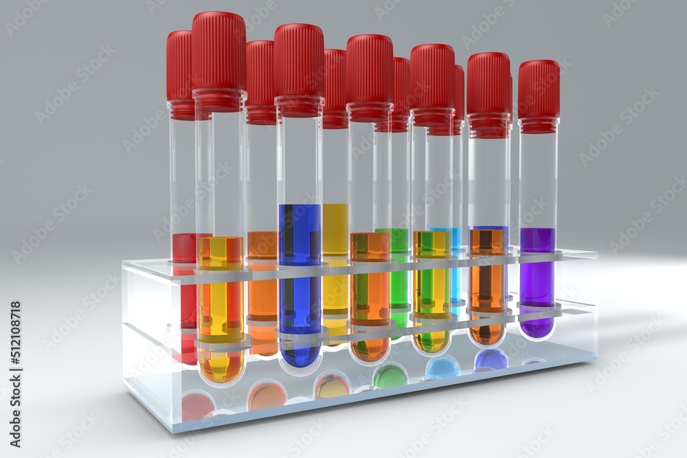 Test tube in rainbow color with blood devices in a stand. 3d